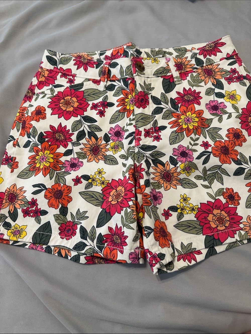 Never worn. Floral High-Rise Women's Shorts in White with Pink & Orange Blooms